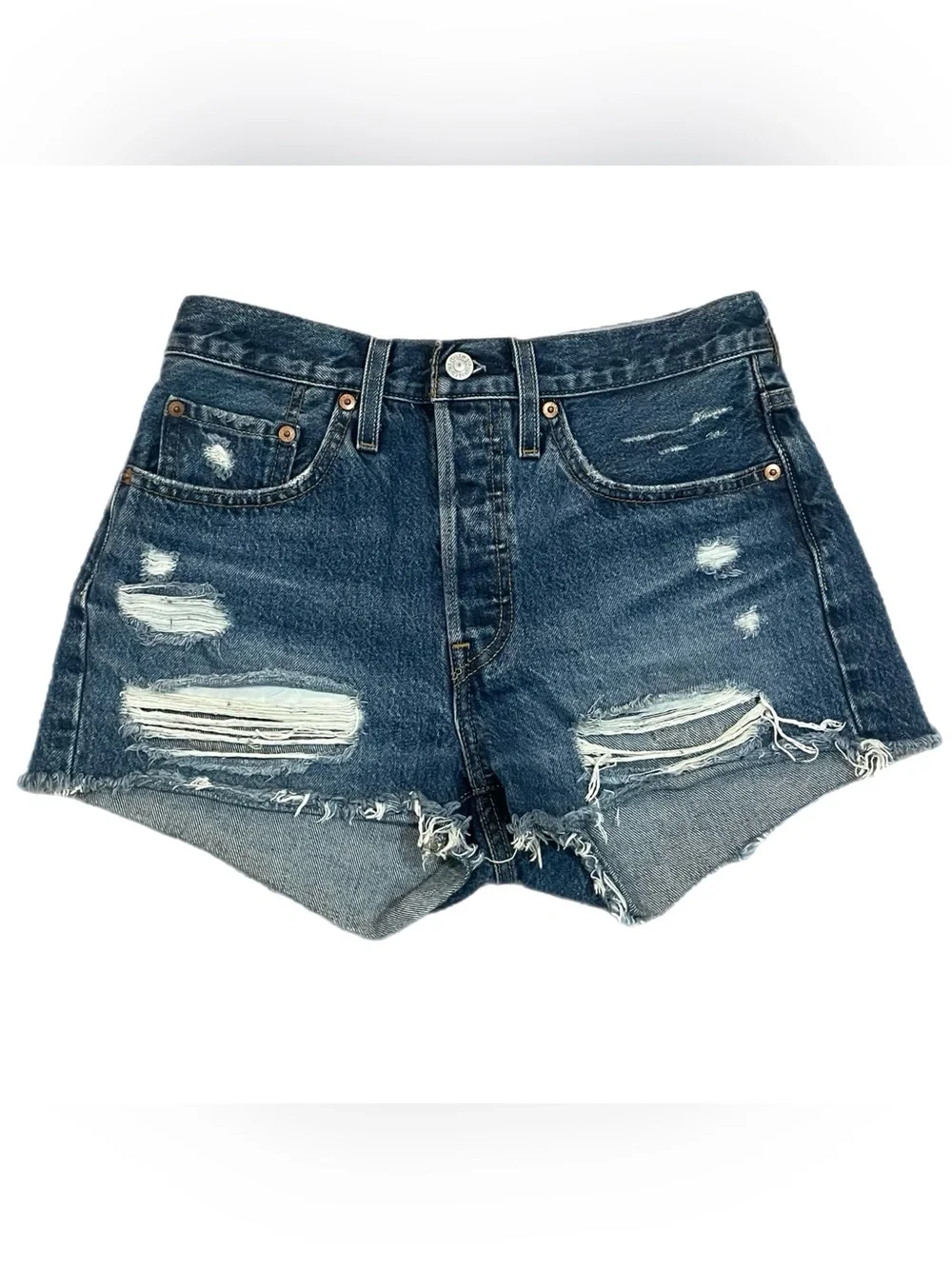 Women’s Levi's 501 Distressed Denim Jean Shorts W26 Ripped Frayed Hem Blue